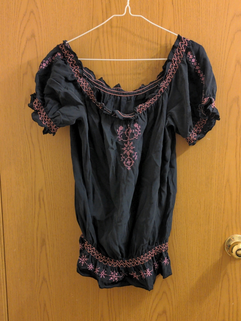 Black Off-Shoulder Embroidered Peasant Top - Pink Stitching